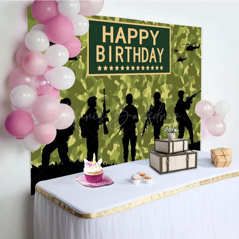 Lofaris Soldier Training Silhouette Happy Birthday Backdrop