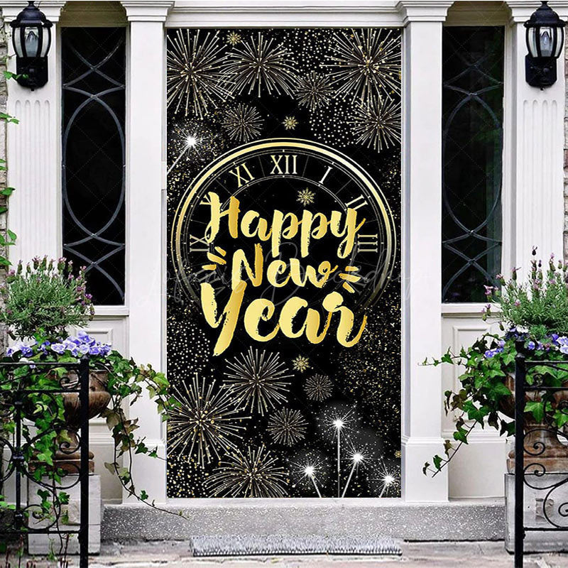 Lofaris Sparkle Black Gold Clock Happy New Year Door Cover