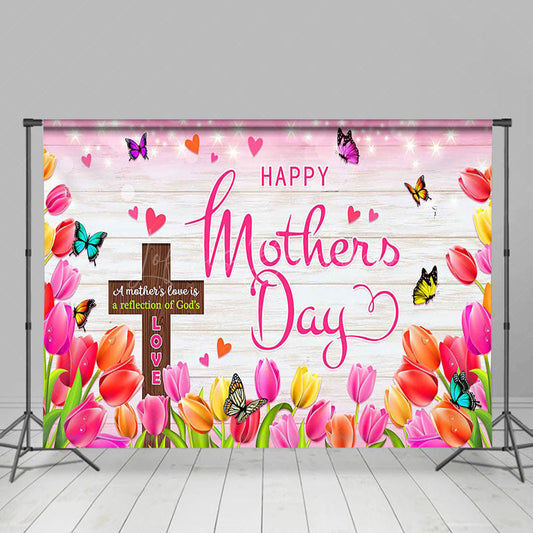 Lofaris Sparkle Cross Floral Wood Happy Mothers Day Backdrop