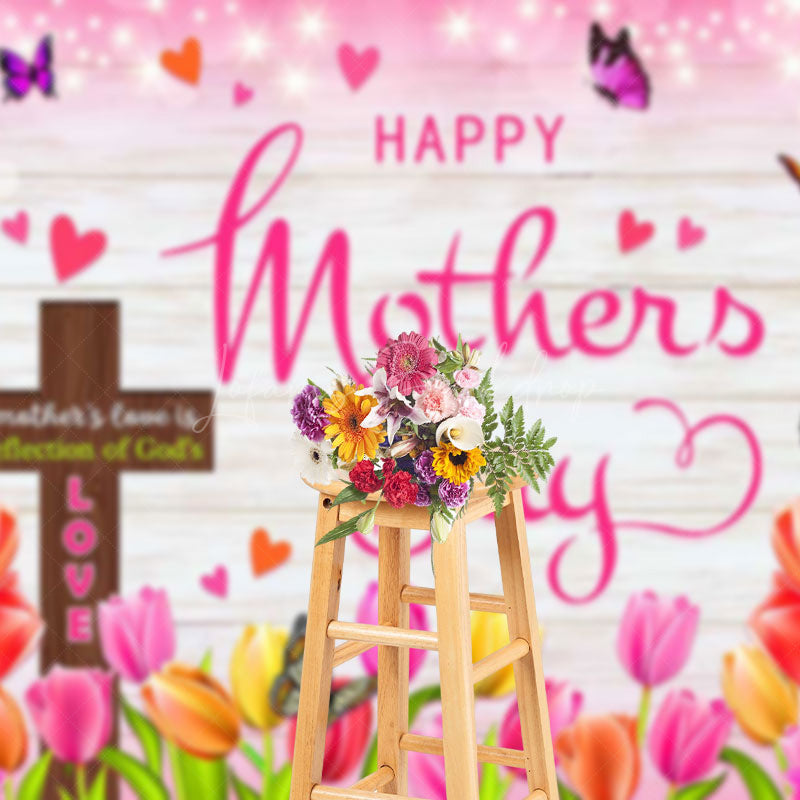 Lofaris Sparkle Cross Floral Wood Happy Mothers Day Backdrop