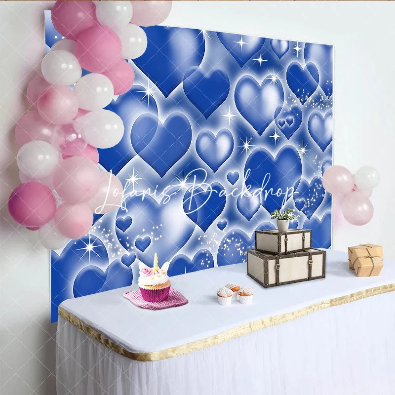Lofaris Sparkling Blue Hearts Pattern Y2K Birthday Backdrop with Glowing Outlines and Glitter Dreamy Party Decor