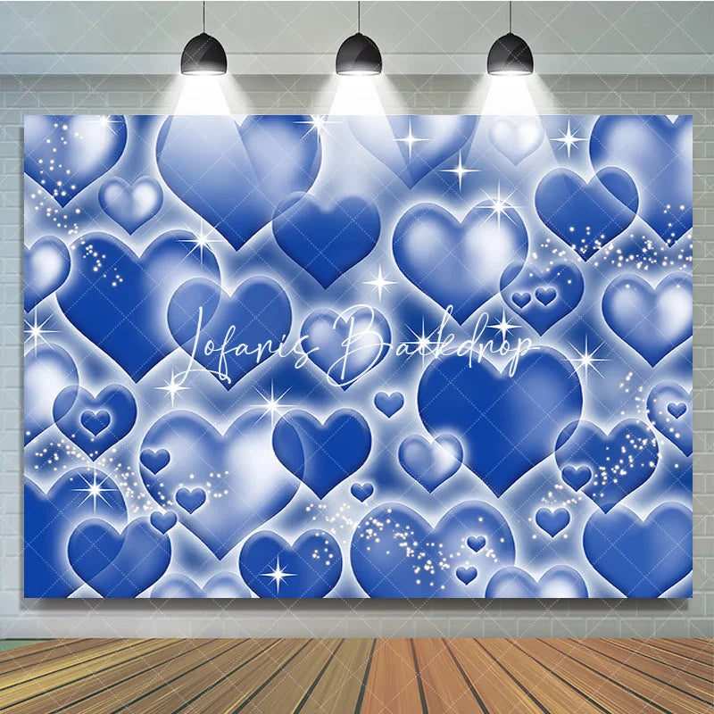 Lofaris Sparkling Blue Hearts Pattern Y2K Birthday Backdrop with Glowing Outlines and Glitter Dreamy Party Decor