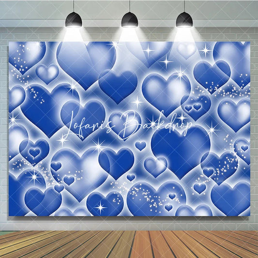 Lofaris Sparkling Blue Hearts Pattern Y2K Birthday Backdrop with Glowing Outlines and Glitter Dreamy Party Decor