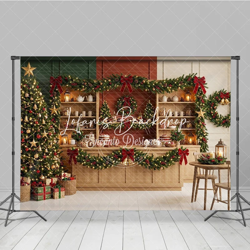 Lofaris Sparkling Christmas Tree with Golden Stars and Red Bow Garlands Holiday Backdrop Cozy Winter Celebration Decor