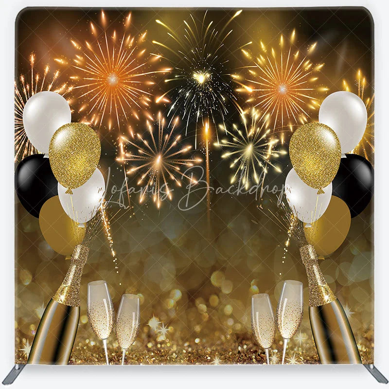 Lofaris Sparkling Gold Black White Fireworks and Champagne Square Double-Sided Backdrop New Year’s Eve Party Decor