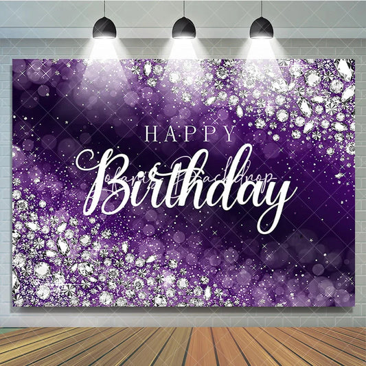 Lofaris Sparkling Purple and Silver Glitter Diamond Happy Birthday Backdrop Elegant Bokeh Celebration Party Decor