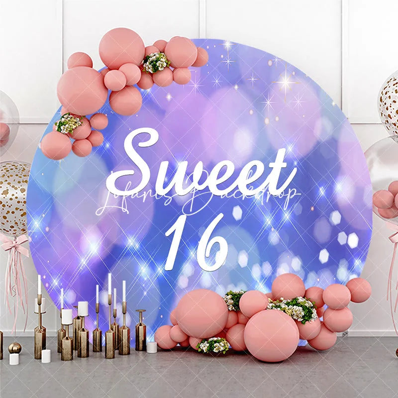 Lofaris Sparkling Purple Blue Bokeh Glitter Sweet 16 Round Backdrop Dreamy Stars Birthday Party Celebration Decor