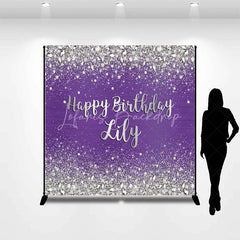 Lofaris Sparkling Purple Silver Glitter Diamond Personalized Happy Birthday Custom Backdrop Elegant Party Decor