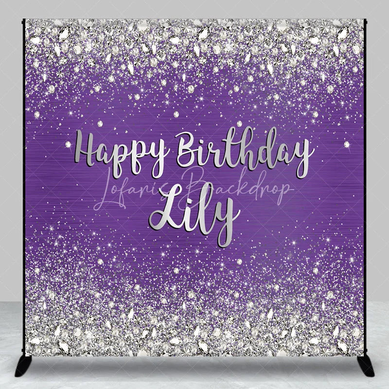 Lofaris Sparkling Purple Silver Glitter Diamond Personalized Happy Birthday Custom Backdrop Elegant Party Decor