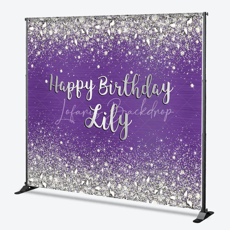 Lofaris Sparkling Purple Silver Glitter Diamond Personalized Happy Birthday Custom Backdrop Elegant Party Decor