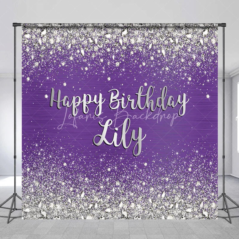 Lofaris Sparkling Purple Silver Glitter Diamond Personalized Happy Birthday Custom Backdrop Elegant Party Decor