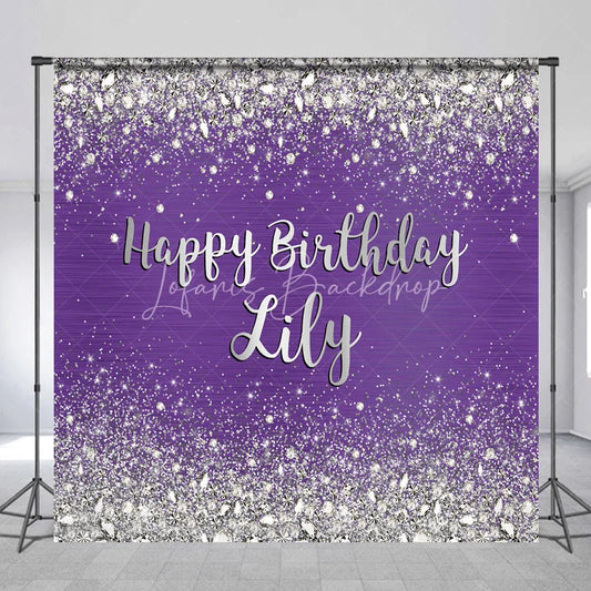 Lofaris Sparkling Purple Silver Glitter Diamond Personalized Happy Birthday Custom Backdrop Elegant Party Decor