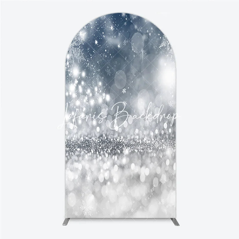 Lofaris Sparkling Silver Glitter and Blue Snowflakes Round Top Arch Backdrop Elegant Winter Holiday Party Decor