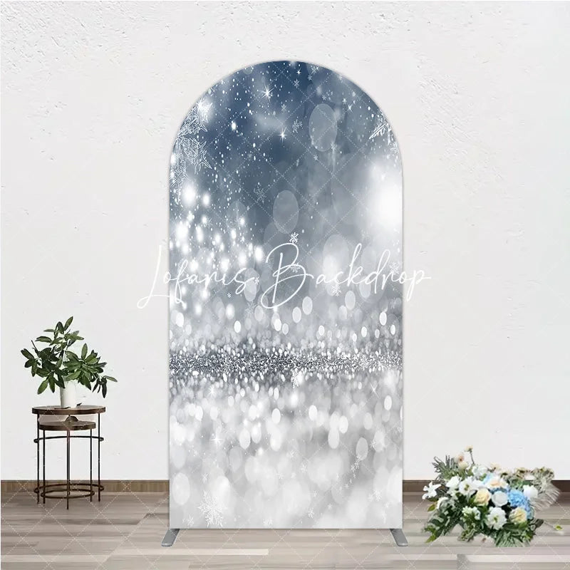 Lofaris Sparkling Silver Glitter and Blue Snowflakes Round Top Arch Backdrop Elegant Winter Holiday Party Decor