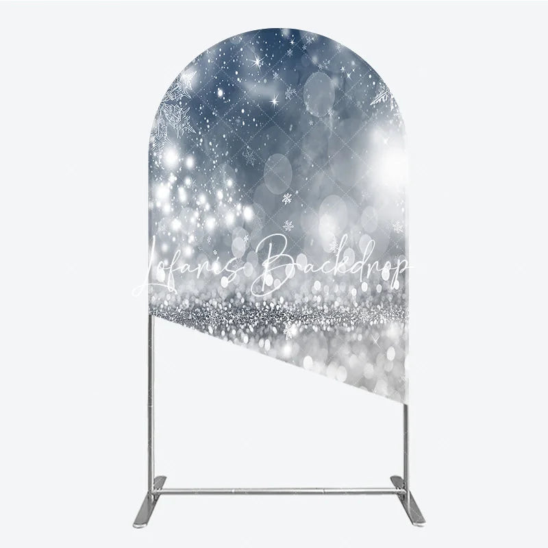 Lofaris Sparkling Silver Glitter and Blue Snowflakes Round Top Arch Backdrop Elegant Winter Holiday Party Decor