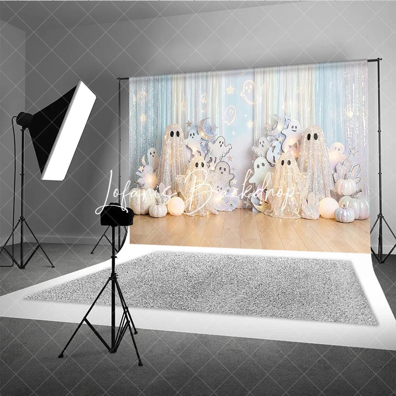 Lofaris Sparkling White Glitter Ghost Photography Backdrop Iridescent Pumpkins and Light Blue Halloween Decor