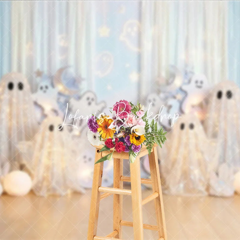 Lofaris Sparkling White Glitter Ghost Photography Backdrop Iridescent Pumpkins and Light Blue Halloween Decor
