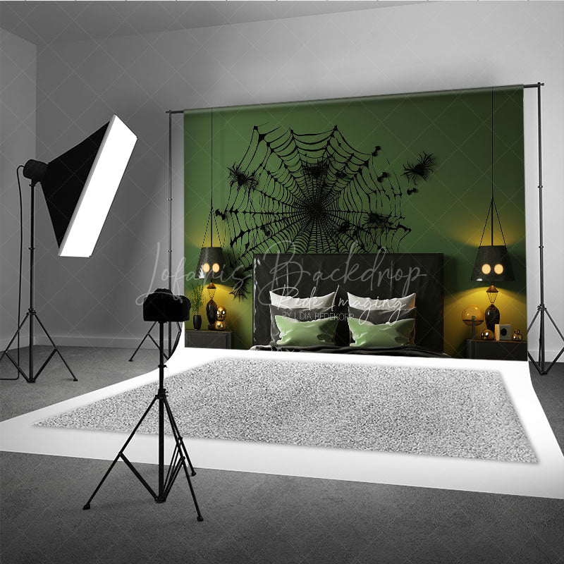 Lofaris Spiderweb Wall Decal Photography Backdrop Green and Black Halloween Headboard Spooky Bedroom Studio Photo Prop