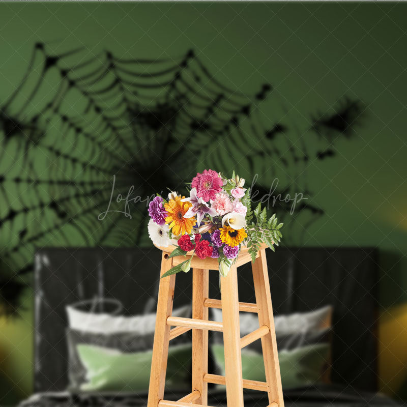 Lofaris Spiderweb Wall Decal Photography Backdrop Green and Black Halloween Headboard Spooky Bedroom Studio Photo Prop