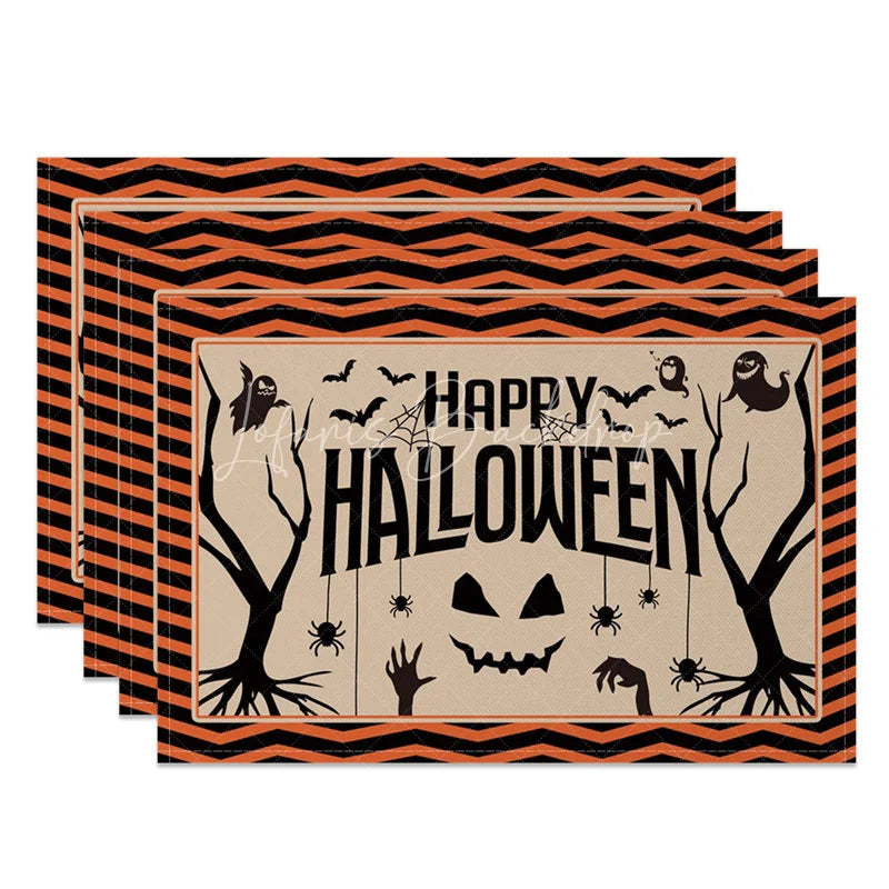 Lofaris Spooky Bat Halloween Set of 4 Placemats with Black and Orange Frame for Holiday Party Decorations
