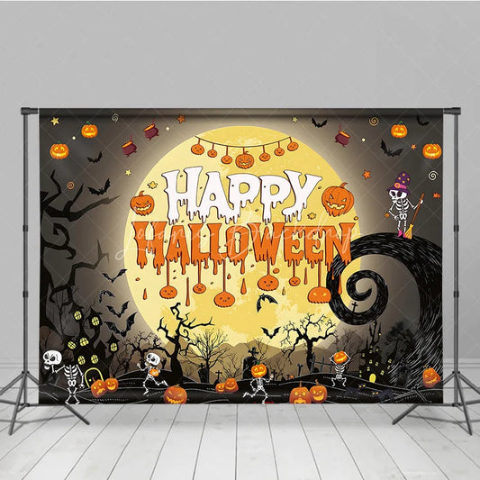 Lofaris Spooky Black and Orange Happy Halloween Holiday Backdrop featuring a Glowing Full Moon Playful Skeletons