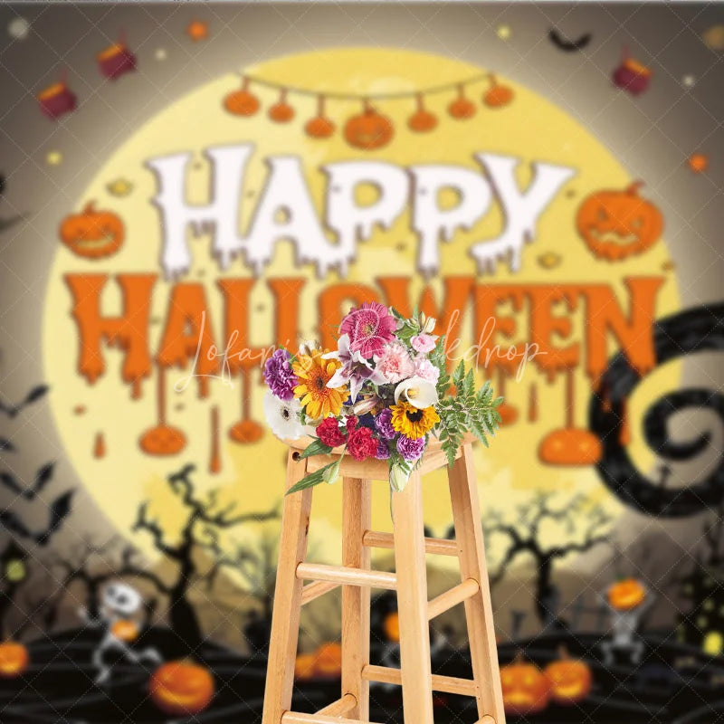 Lofaris Spooky Black and Orange Happy Halloween Holiday Backdrop featuring a Glowing Full Moon Playful Skeletons