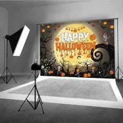 Lofaris Spooky Black and Orange Happy Halloween Holiday Backdrop featuring a Glowing Full Moon Playful Skeletons