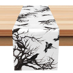 Lofaris Spooky Black Crow and Tree Halloween Table Runner Moody Gothic Decor Haunted Forest Themed Party Decoration