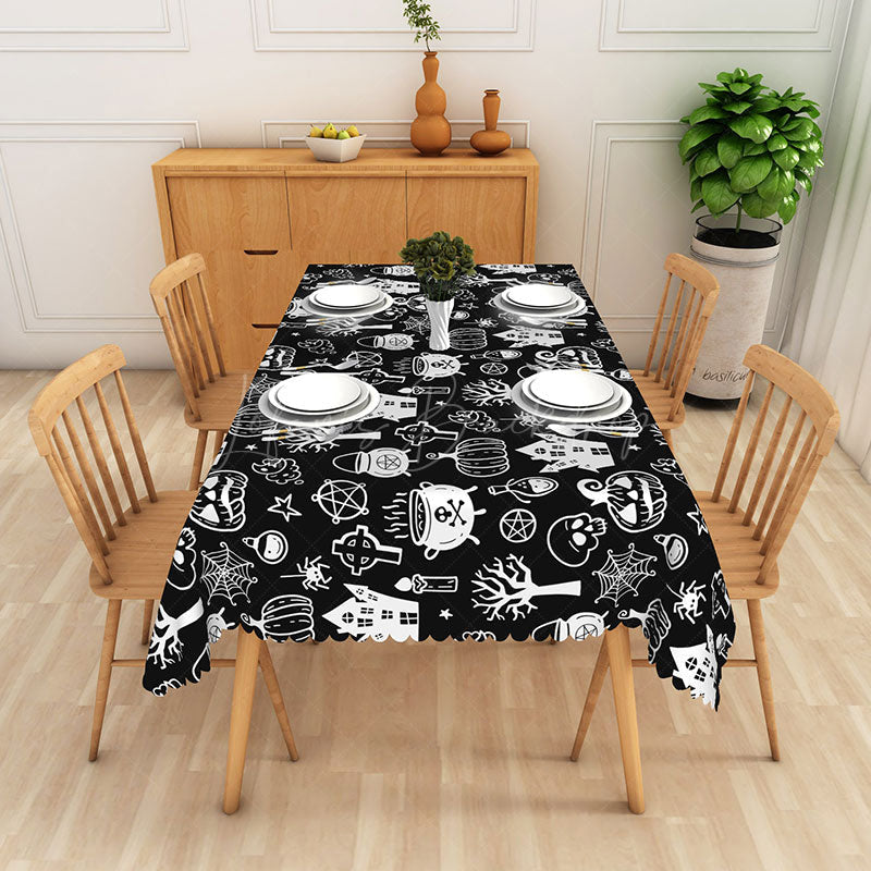 Lofaris Spooky Black Halloween Rectangle Tablecloth with Bats and Spider Webs for Gothic Haunted House Dining Decor