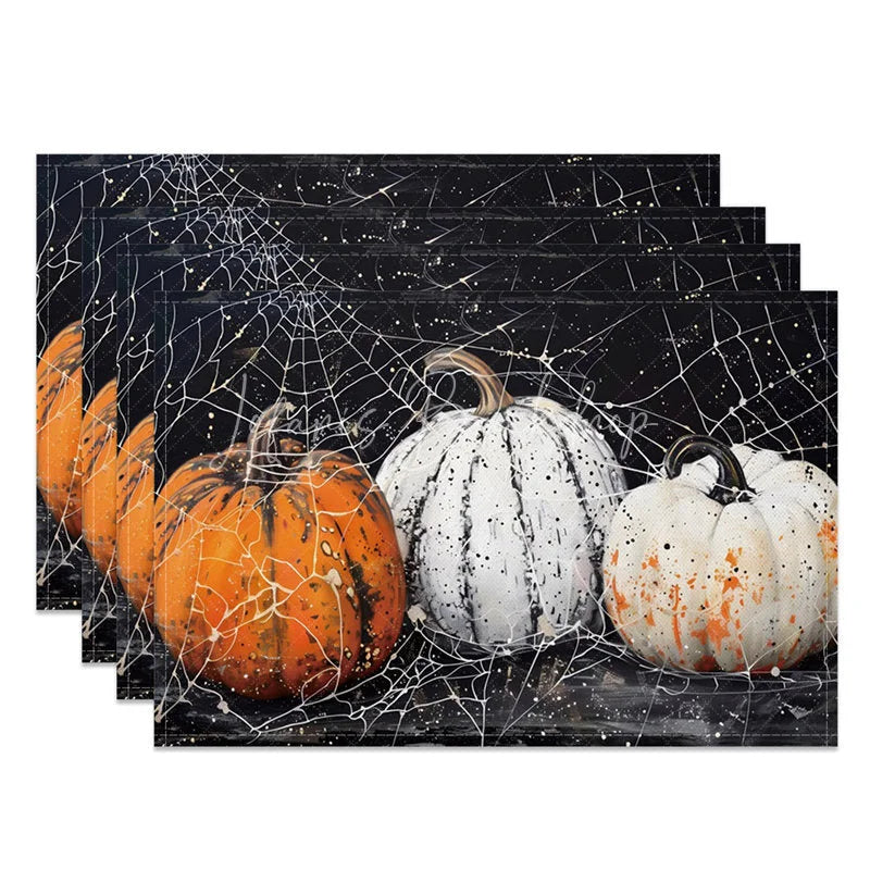 Lofaris Spooky Black Pumpkin and Spiderweb Halloween Set of 4 Placemats for Gothic Haunted House Decor