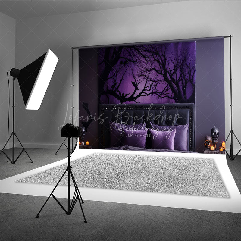 Lofaris Spooky Forest Wall Art Photography Backdrop Purple Halloween Scene with Bats Dark Moody Bedroom Photo Prop