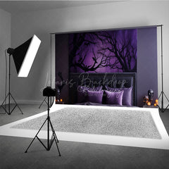 Lofaris Spooky Forest Wall Art Photography Backdrop Purple Halloween Scene with Bats Dark Moody Bedroom Photo Prop