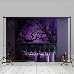 Lofaris Spooky Forest Wall Art Photography Backdrop Purple Halloween Scene with Bats Dark Moody Bedroom Photo Prop