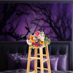 Lofaris Spooky Forest Wall Art Photography Backdrop Purple Halloween Scene with Bats Dark Moody Bedroom Photo Prop