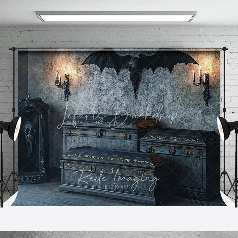 Lofaris Spooky Gothic Vampire Coffin and Skull Holiday Backdrop Dark Haunted Castle Theme Party Decor with Candles