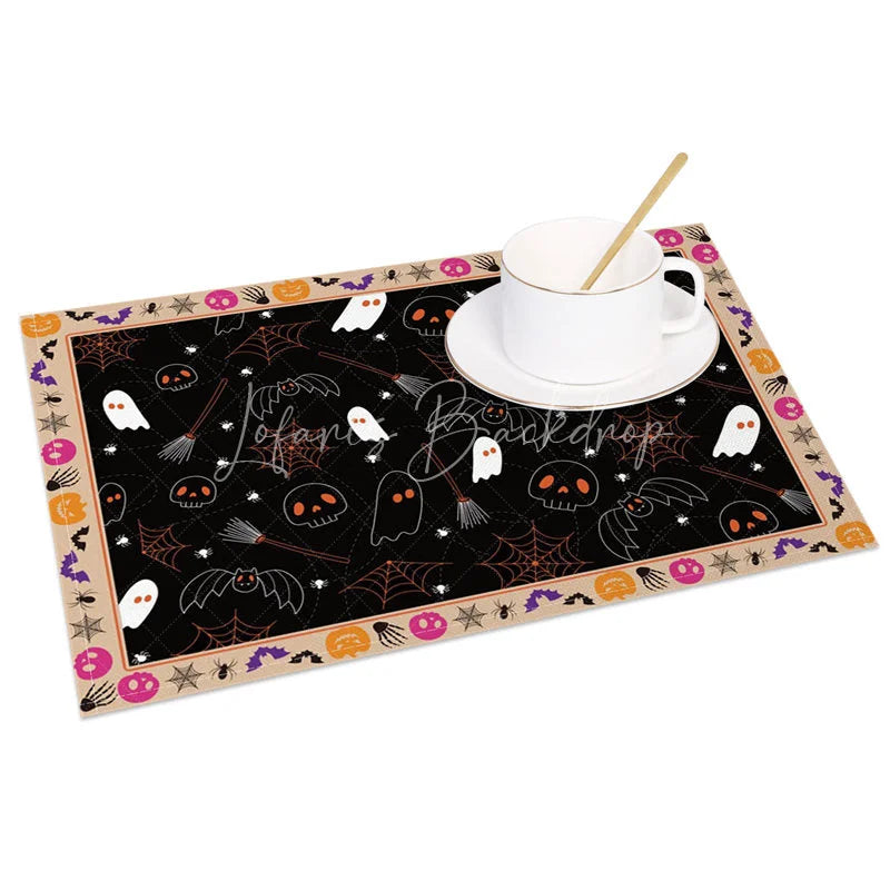 Lofaris Spooky Halloween Bat Skull and Spider Web Set of 4 Placemats for Haunted House Party Decorations