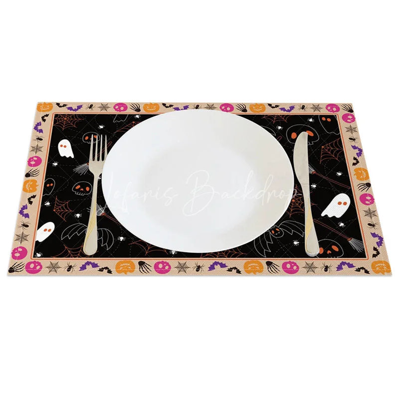 Lofaris Spooky Halloween Bat Skull and Spider Web Set of 4 Placemats for Haunted House Party Decorations
