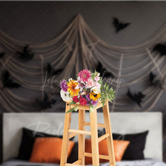 Lofaris Spooky Halloween Bedroom Photography Backdrop Headboard with Gauze Spiderwebs and Bats Haunted House Photo Prop