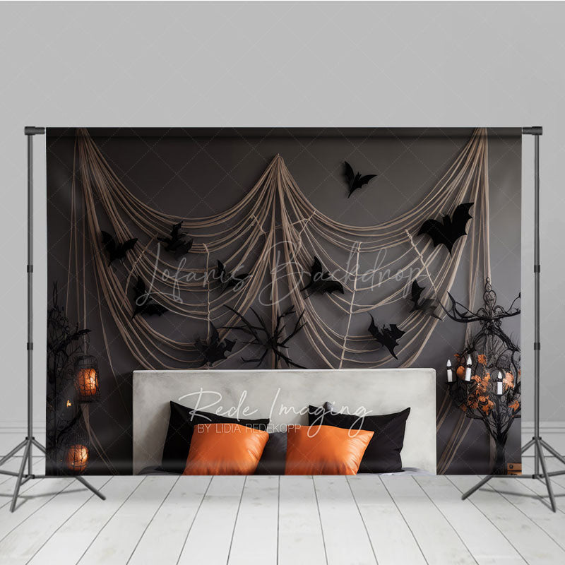 Lofaris Spooky Halloween Bedroom Photography Backdrop Headboard with Gauze Spiderwebs and Bats Haunted House Photo Prop