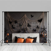 Lofaris Spooky Halloween Bedroom Photography Backdrop Headboard with Gauze Spiderwebs and Bats Haunted House Photo Prop