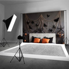 Lofaris Spooky Halloween Bedroom Photography Backdrop Headboard with Gauze Spiderwebs and Bats Haunted House Photo Prop