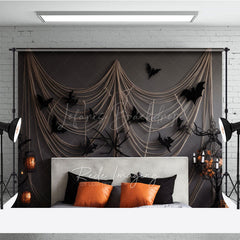 Lofaris Spooky Halloween Bedroom Photography Backdrop Headboard with Gauze Spiderwebs and Bats Haunted House Photo Prop