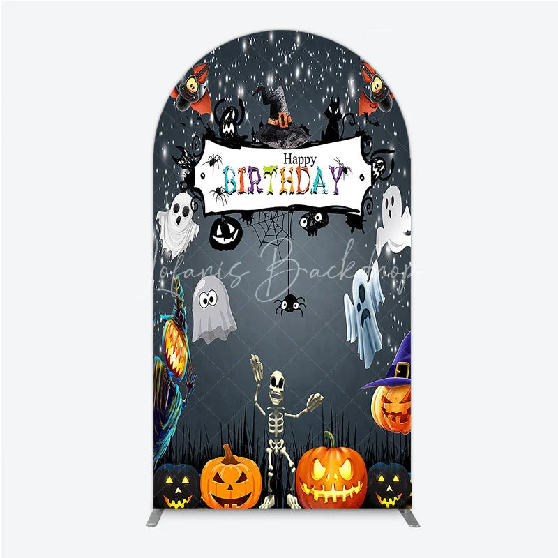 Lofaris Spooky Halloween Birthday Arch Backdrop Cute Ghost Skeleton and Pumpkin A Little Boo is Due Party Decor