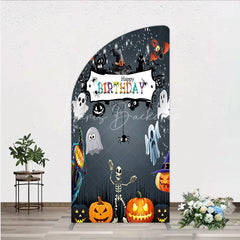 Lofaris Spooky Halloween Birthday Half Moon Arch Backdrop Cute Ghost Skeleton and Pumpkin A Little Boo is Due Party Decor