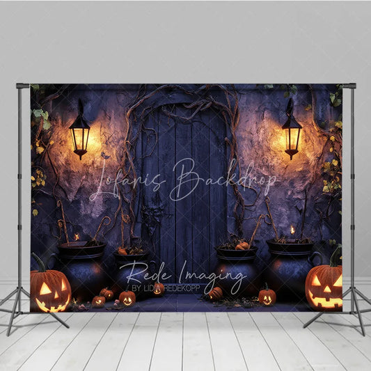 Lofaris Spooky Halloween Door Holiday Backdrop Featuring Glowing Jack-o-Lanterns Cauldrons and Twisted Vines