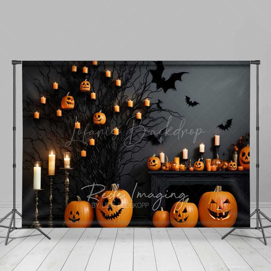 Lofaris Spooky Halloween Fireplace Photography Backdrop Mantel with Jack O’ Lanterns and Candles Gothic Bats Wall Decor