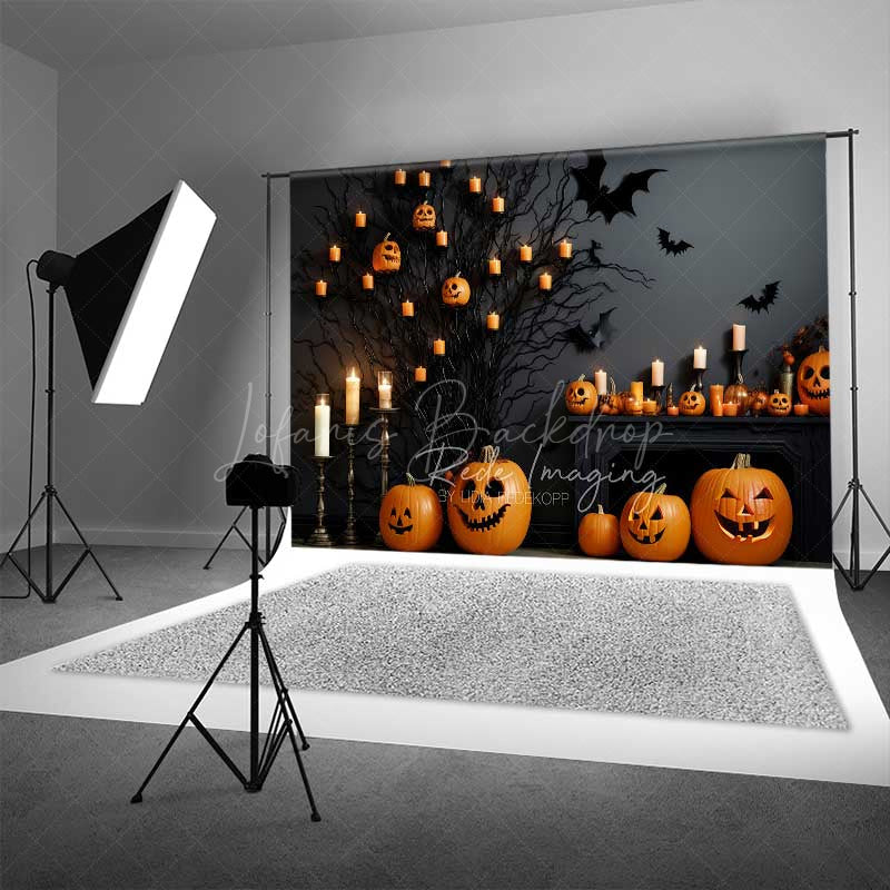 Lofaris Spooky Halloween Fireplace Photography Backdrop Mantel with Jack O’ Lanterns and Candles Gothic Bats Wall Decor