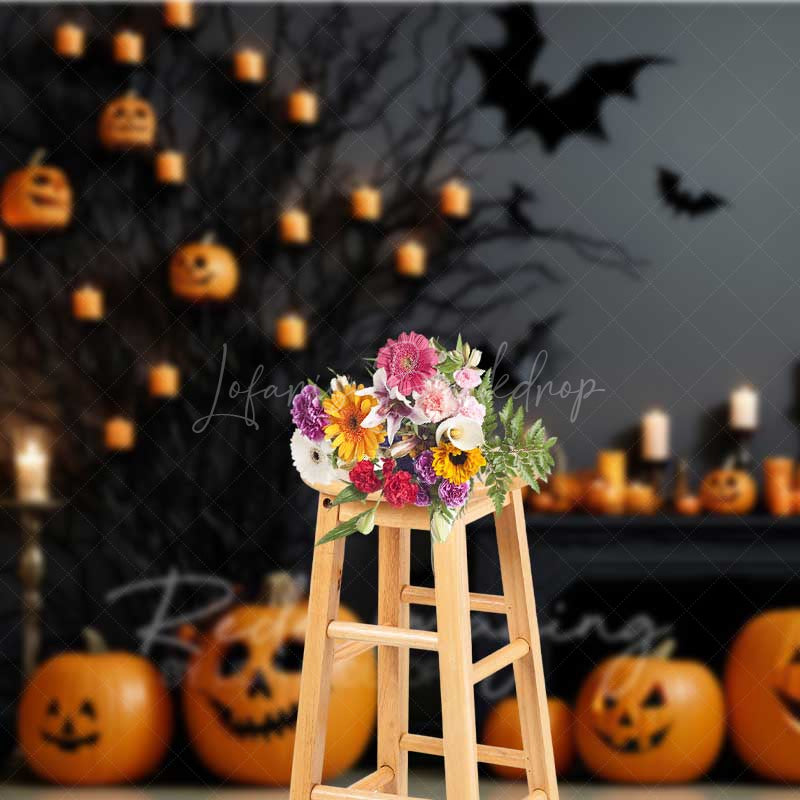 Lofaris Spooky Halloween Fireplace Photography Backdrop Mantel with Jack O’ Lanterns and Candles Gothic Bats Wall Decor