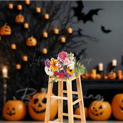 Lofaris Spooky Halloween Fireplace Photography Backdrop Mantel with Jack O’ Lanterns and Candles Gothic Bats Wall Decor