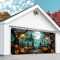 Lofaris Spooky Halloween Graveyard Garage Door Banner with Full Moon Bats Jack-o’-Lanterns and Skeletons Haunted Night Decor